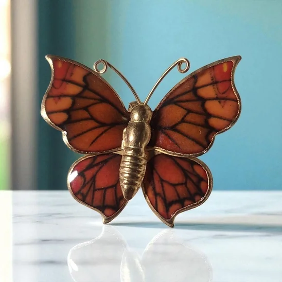 Vintage gold tone enamel orange black butterfly brooch pin / necklace pe… - Picture 3 of 17